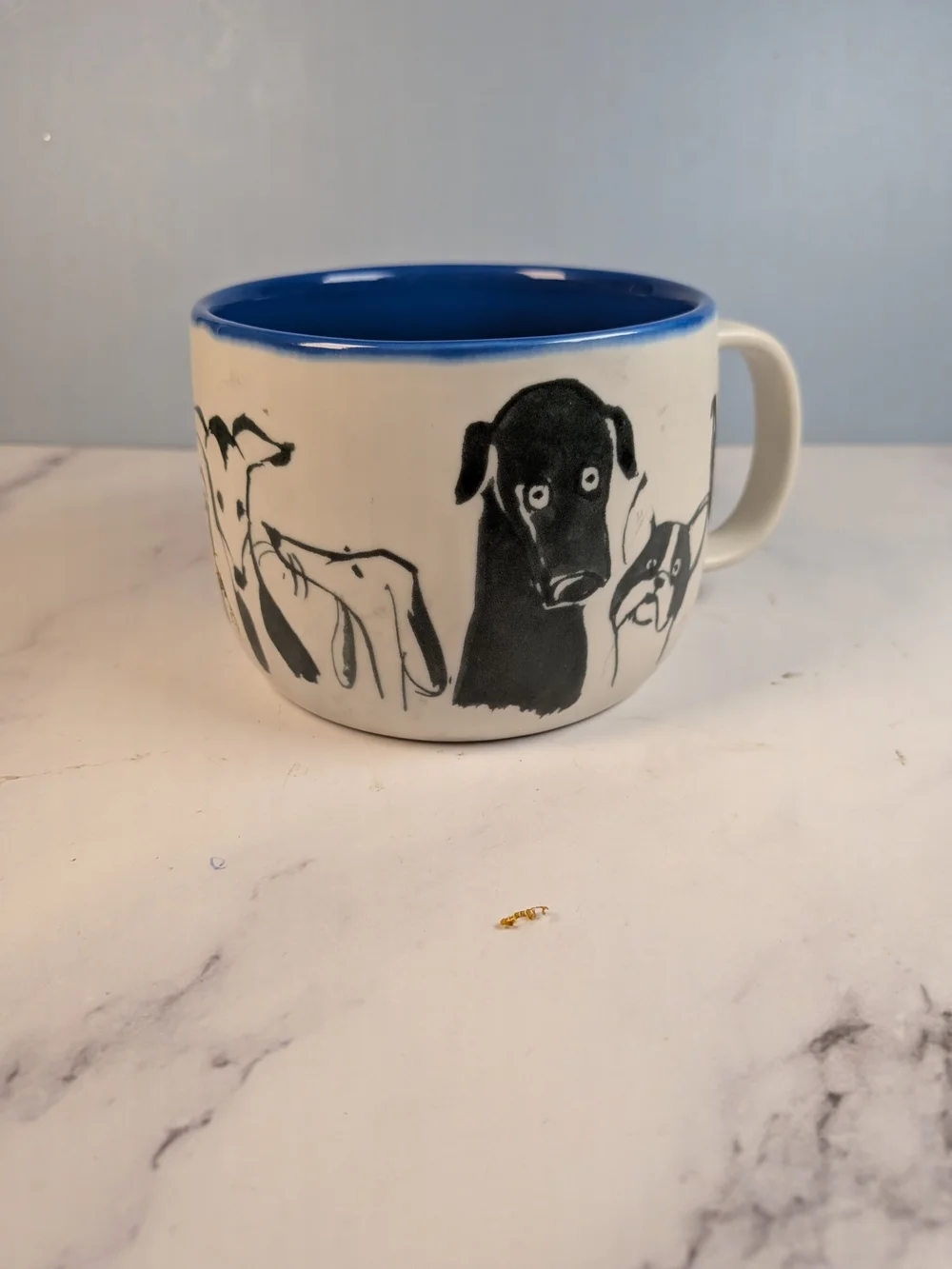 Anthropologie Cream Black Ceramic Dog Person Mug with Blue Interior